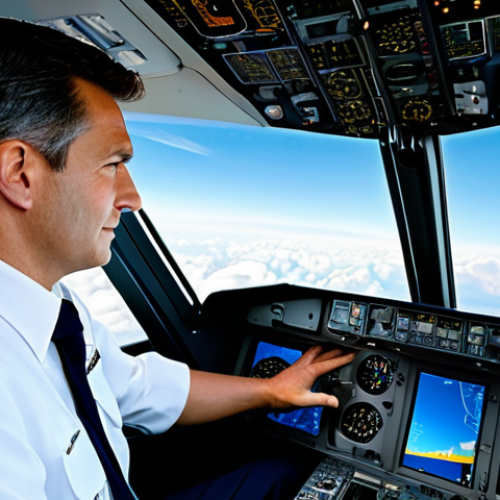 A professional male pilot, fully clothed in a modest and appropriate modern pilot uniform, is seated in a brightly lit, high-tech commercial aircraft cockpit. His hands are resting calmly on the controls, and his focused gaze is on the primary flight display, which subtly shows abstract digital representations of real-time TCAS and ADS-B traffic data. The background outside the cockpit windows reveals a serene, clear blue sky with soft, distant cloud formations. This image emphasizes competence and advanced technology working in harmony. Professional photography, ultra-realistic, highly detailed, perfect anatomy, well-formed hands, proper finger count, natural body proportions, correct proportions, natural pose, safe for work, appropriate content, fully clothed, professional.