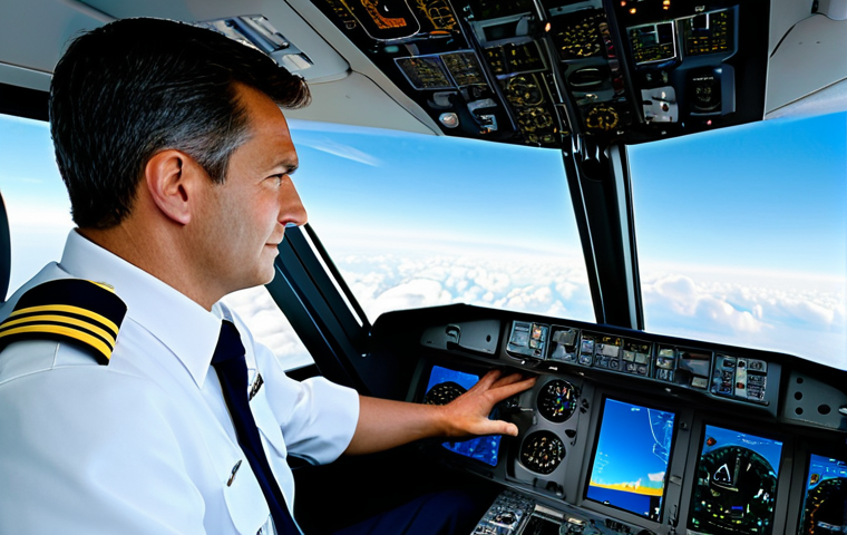 A professional male pilot, fully clothed in a modest and appropriate modern pilot uniform, is seated in a brightly lit, high-tech commercial aircraft cockpit. His hands are resting calmly on the controls, and his focused gaze is on the primary flight display, which subtly shows abstract digital representations of real-time TCAS and ADS-B traffic data. The background outside the cockpit windows reveals a serene, clear blue sky with soft, distant cloud formations. This image emphasizes competence and advanced technology working in harmony. Professional photography, ultra-realistic, highly detailed, perfect anatomy, well-formed hands, proper finger count, natural body proportions, correct proportions, natural pose, safe for work, appropriate content, fully clothed, professional.